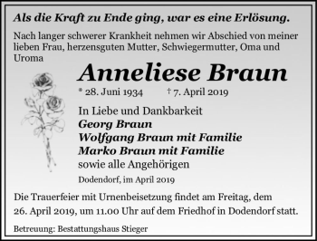 Traueranzeige von Anneliese Braun  von Magdeburger Volksstimme