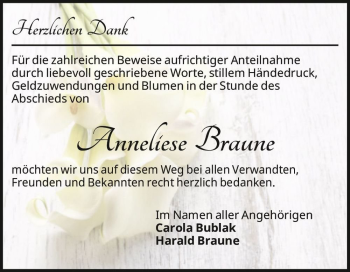 Traueranzeige von Anneliese Braune  von Magdeburger Volksstimme