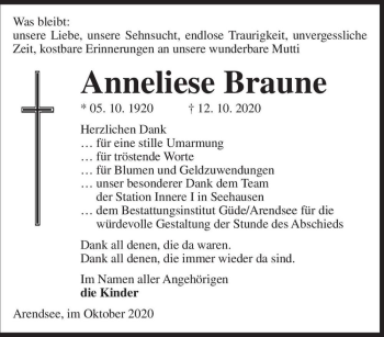 Traueranzeige von Anneliese Braune  von Magdeburger Volksstimme