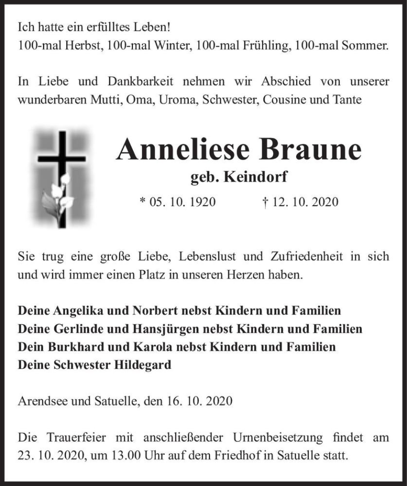  Traueranzeige für Anneliese Braune (geb. Keindorf)  vom 16.10.2020 aus Magdeburger Volksstimme