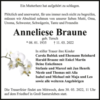Traueranzeige von Anneliese Braune (geb. Tersch)  von Magdeburger Volksstimme
