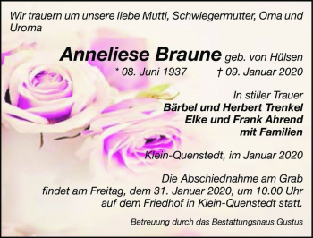 Traueranzeige von Anneliese Braune (geb. von Hülsen)  von Magdeburger Volksstimme
