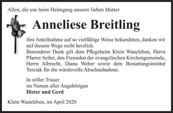 Traueranzeige von Anneliese Breitling  von Magdeburger Volksstimme