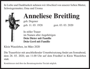 Traueranzeige von Anneliese Breitling (geb. Degener)  von Magdeburger Volksstimme