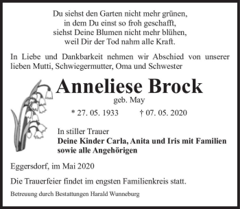 Traueranzeige von Anneliese Brock (geb. May)  von Magdeburger Volksstimme
