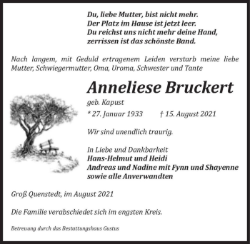 Traueranzeige von Anneliese Bruckert (geb. Kapust)  von Magdeburger Volksstimme