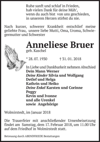 Traueranzeige von Anneliese Bruer (geb. Kaschel)  von Magdeburger Volksstimme