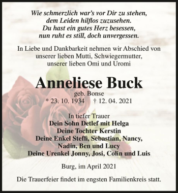 Traueranzeige von Anneliese Buck (geb. Bonse)  von Magdeburger Volksstimme