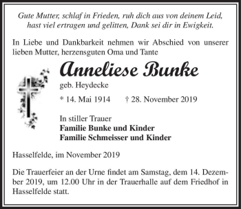 Traueranzeige von Anneliese Bunke (geb. Heydecke)  von Magdeburger Volksstimme