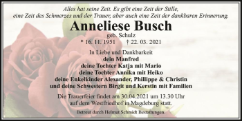 Traueranzeige von Anneliese Busch (geb. Schulz)  von Magdeburger Volksstimme