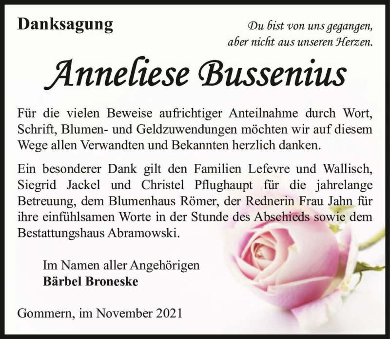  Traueranzeige für Anneliese Bussenius  vom 27.11.2021 aus Magdeburger Volksstimme
