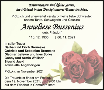 Traueranzeige von Anneliese Bussenius (geb. Fräsdorf)  von Magdeburger Volksstimme