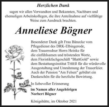 Traueranzeige von Anneliese Bögner  von Magdeburger Volksstimme