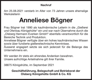 Traueranzeige von Anneliese Bögner  von Magdeburger Volksstimme