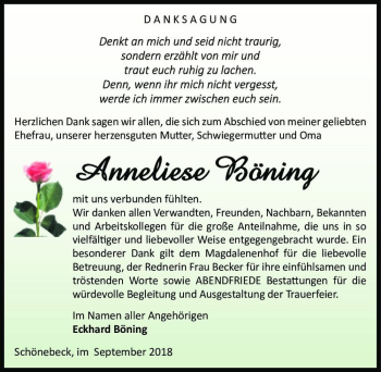 Traueranzeige von Anneliese Böning  von Magdeburger Volksstimme