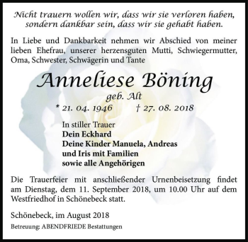 Traueranzeige von Anneliese Böning (geb. Alt)  von Magdeburger Volksstimme