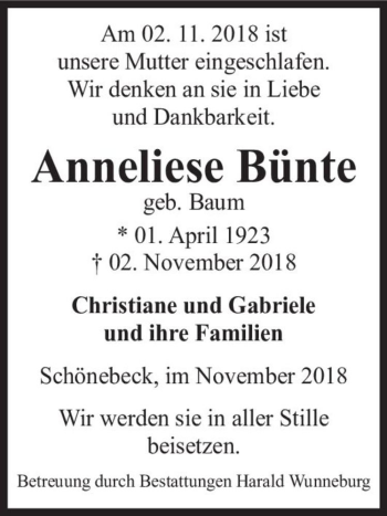 Traueranzeige von Anneliese Bünte (geb. Baum)  von Magdeburger Volksstimme