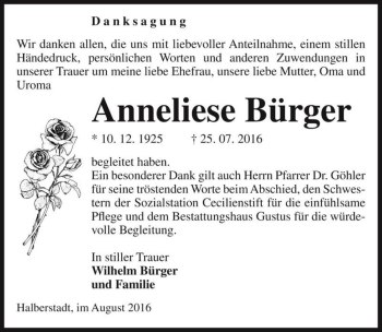 Traueranzeige von Anneliese Bürger  von Magdeburger Volksstimme