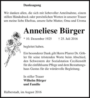 Traueranzeige von Anneliese Bürger  von Magdeburger Volksstimme