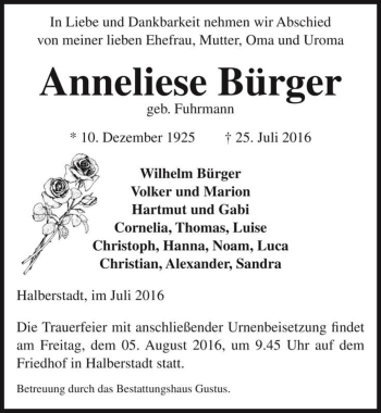 Traueranzeige von Anneliese Bürger (geb. Fuhrmann)  von Magdeburger Volksstimme