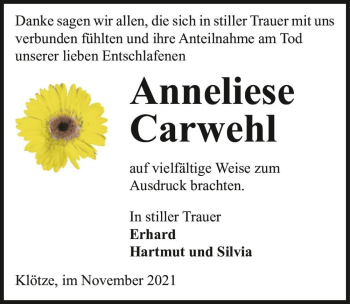 Traueranzeige von Anneliese Carwehl  von Magdeburger Volksstimme