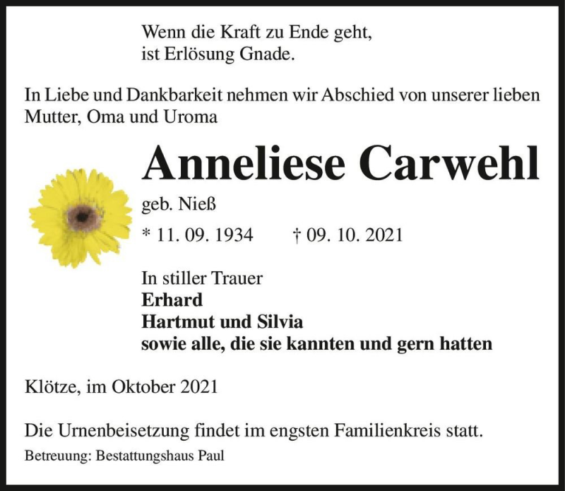  Traueranzeige für Anneliese Carwehl (geb. Nieß)  vom 13.10.2021 aus Magdeburger Volksstimme