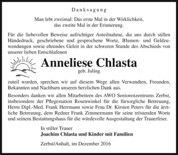 Traueranzeige von Anneliese Chlasta (geb. Juling)  von Magdeburger Volksstimme