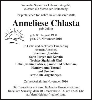 Traueranzeige von Anneliese Chlasta (geb. Juling)  von Magdeburger Volksstimme