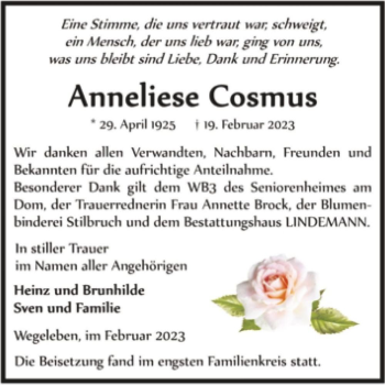 Traueranzeige von Anneliese Cosmus  von Magdeburger Volksstimme