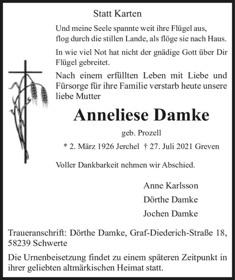  Traueranzeige für Anneliese Damke (geb. Prozell)  vom 30.07.2021 aus Magdeburger Volksstimme
