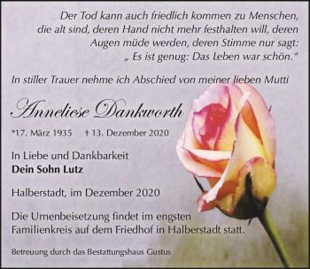 Traueranzeige von Anneliese Dankworth  von Magdeburger Volksstimme