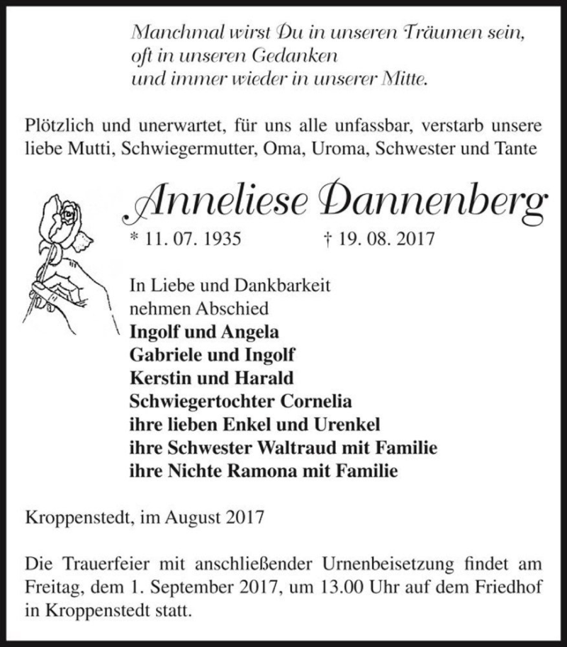  Traueranzeige für Anneliese Dannenberg  vom 29.08.2017 aus Magdeburger Volksstimme