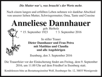 Traueranzeige von Anneliese Dannhauer (geb. Herholz)  von Magdeburger Volksstimme