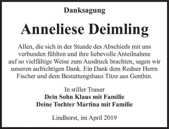 Traueranzeige von Anneliese Deimling  von Magdeburger Volksstimme