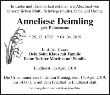Traueranzeige von Anneliese Deimling (geb. Bühnemann)  von Magdeburger Volksstimme
