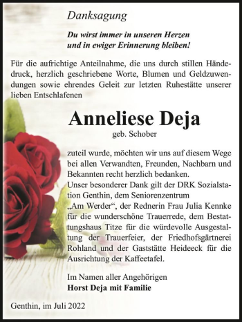 Traueranzeige von Anneliese Deja (geb. Schober)  von Magdeburger Volksstimme