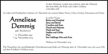 Traueranzeige von Anneliese Demmig (geb. Buttkewitz)  von Magdeburger Volksstimme