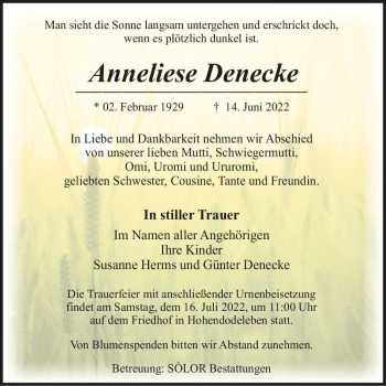Traueranzeige von Anneliese Denecke  von Magdeburger Volksstimme