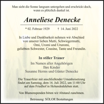 Traueranzeige von Anneliese Denecke  von Magdeburger Volksstimme
