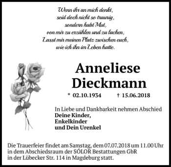 Traueranzeige von Anneliese Dieckmann  von Magdeburger Volksstimme