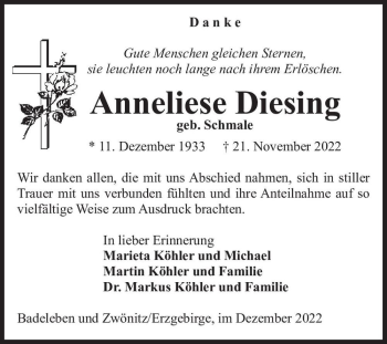 Traueranzeige von Anneliese Diesing (geb. Schmale)  von Magdeburger Volksstimme