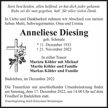 Traueranzeige von Anneliese Diesing (geb. Schmale)  von Magdeburger Volksstimme
