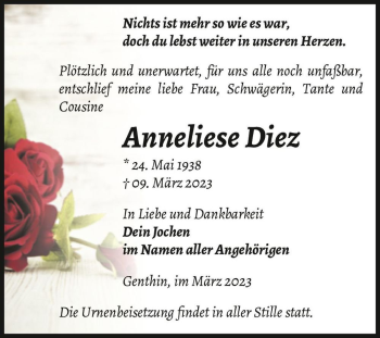 Traueranzeige von Anneliese Diez  von Magdeburger Volksstimme