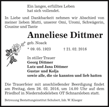 Traueranzeige von Anneliese Dittmer (geb. Noack)  von Magdeburger Volksstimme