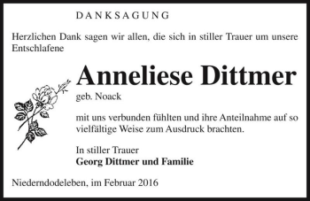 Traueranzeige von Anneliese Dittmer (geb. Noak)  von Magdeburger Volksstimme
