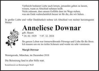 Traueranzeige von Anneliese Downar (geb. Hasert)  von Magdeburger Volksstimme