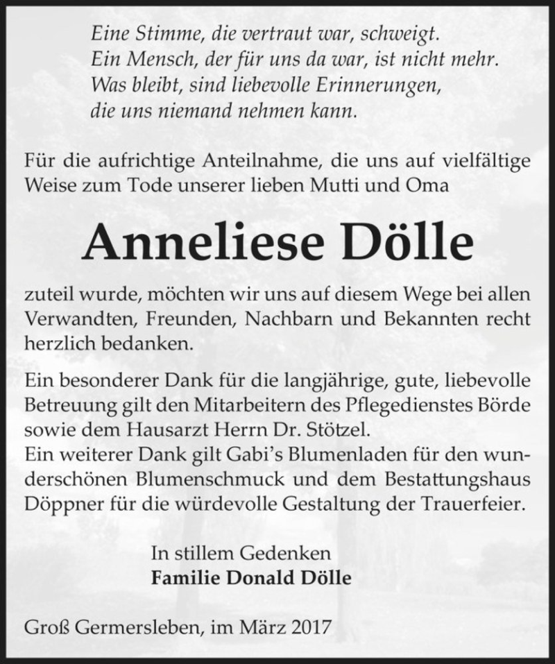  Traueranzeige für Anneliese Dölle  vom 04.03.2017 aus Magdeburger Volksstimme