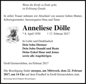 Traueranzeige von Anneliese Dölle  von Magdeburger Volksstimme