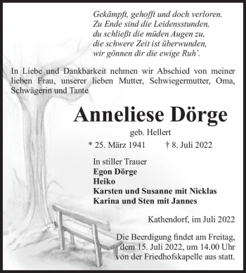 Traueranzeige von Anneliese Dörge (geb. Hellert)  von Magdeburger Volksstimme