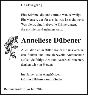 Traueranzeige von Anneliese Dübener  von Magdeburger Volksstimme